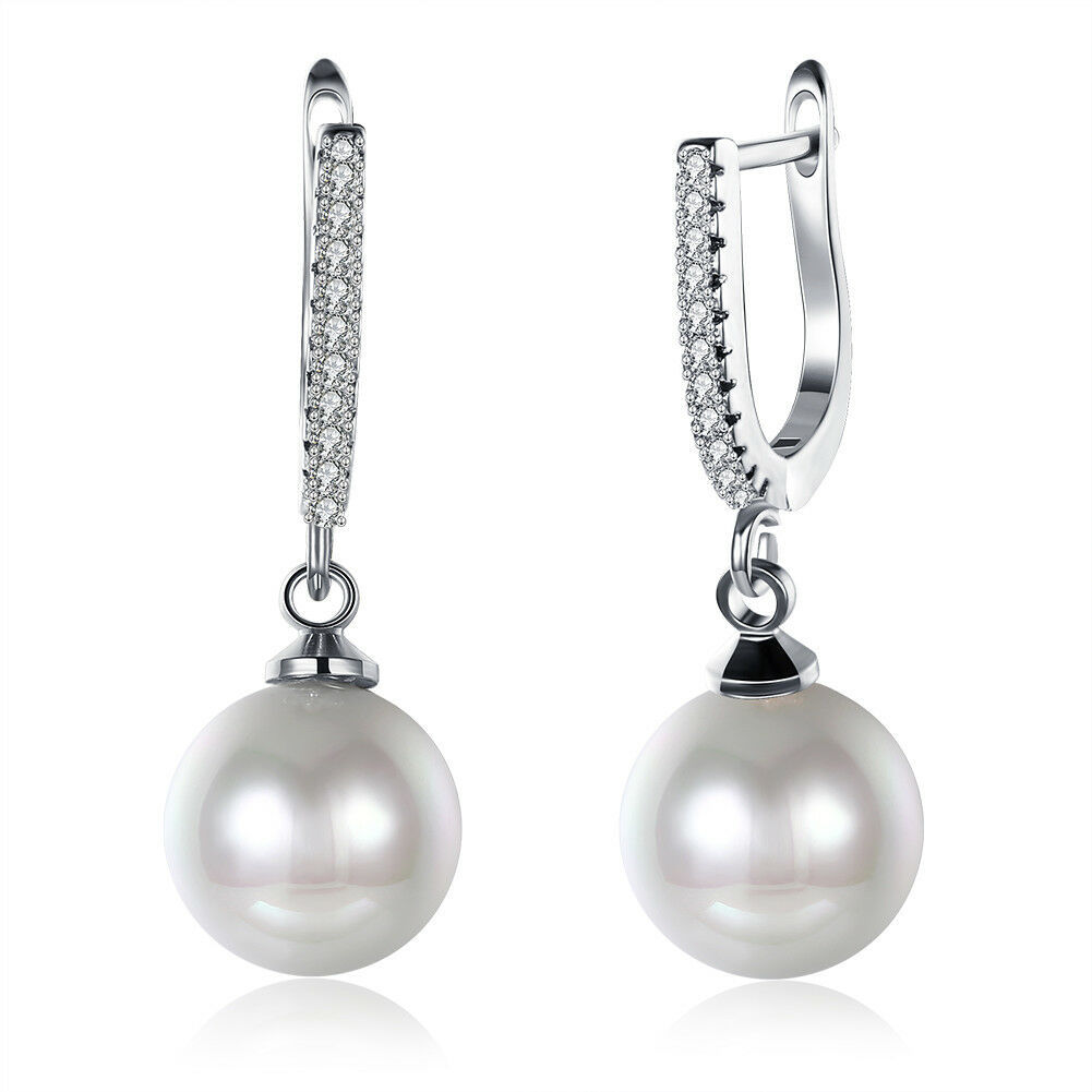 Drop & Dangle Silver Simulated Shell Pearl Earrings Leverback 6mm