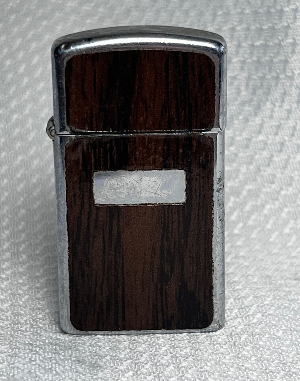 Vtg 1979 Slim Zippo Woodgrain Blank Inital Plate Refillable Cigarette