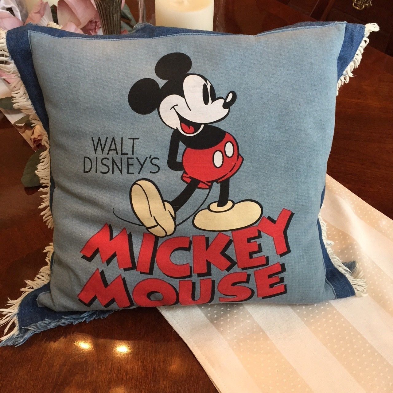 Vintage Walt Disney Mickey Mouse Fringe Throw Pillow Denim Blue Jean