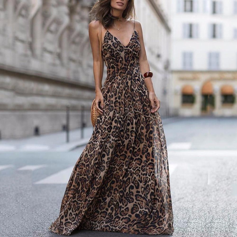Leopard V Neck Spaghetti Strap Maxi Dress