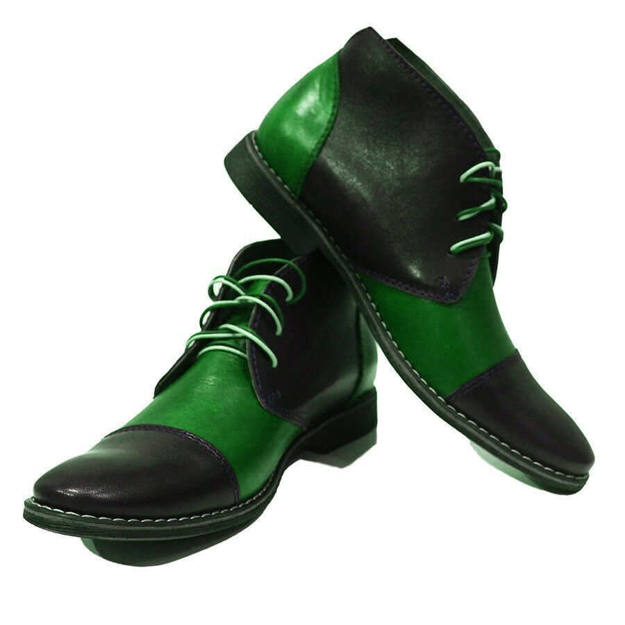 High Ankle Black Green Color Cape Toe Derby Chukka Leather Boots For Men US 7-16