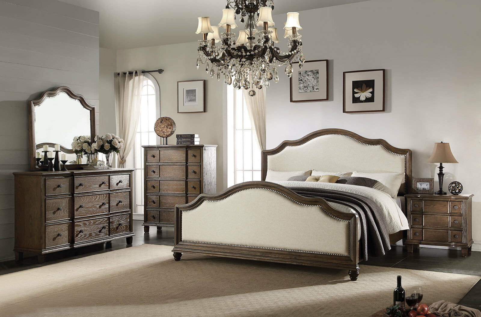 ADDISON 5 pieces Rustic Cottage Brown Oak Bedroom Suite w. Queen