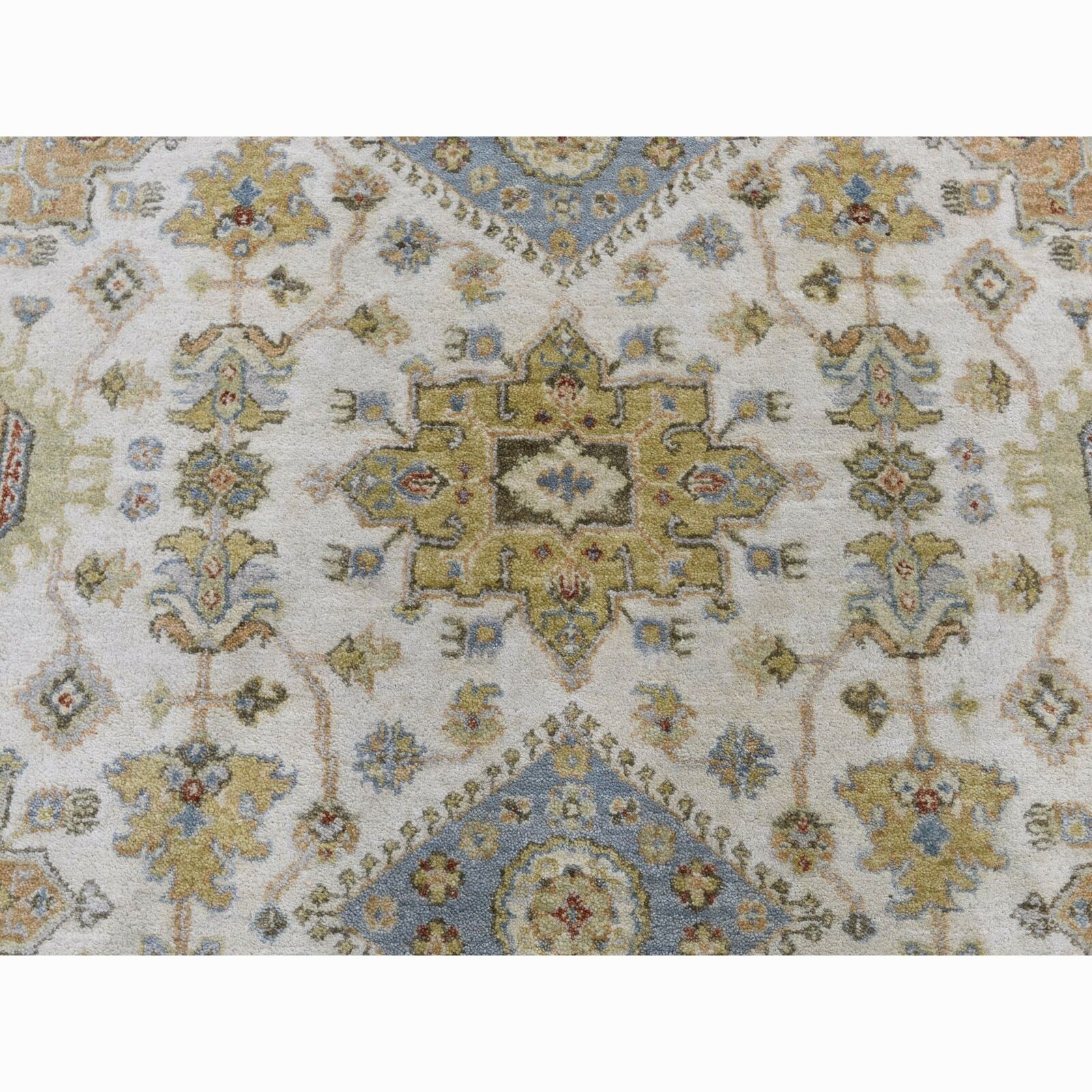 10'x10' Round Ivory Pure Wool Geometric Design Hand Knotted Tribal Rug