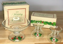 Vintage Avon 1981 Holiday Hostess Holly Berry Compote &amp; Candle Holders w... - $27.71
