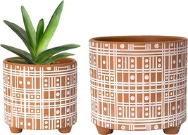 Set Of 2 Terracotta Planter Pot, 4 Inch &amp; 6 Inch, Line Pattern Plants Po... - $37.95