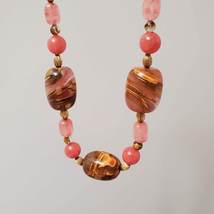 Vintage Glass Bead Necklace, Chunky Pink Gold Brown Beads