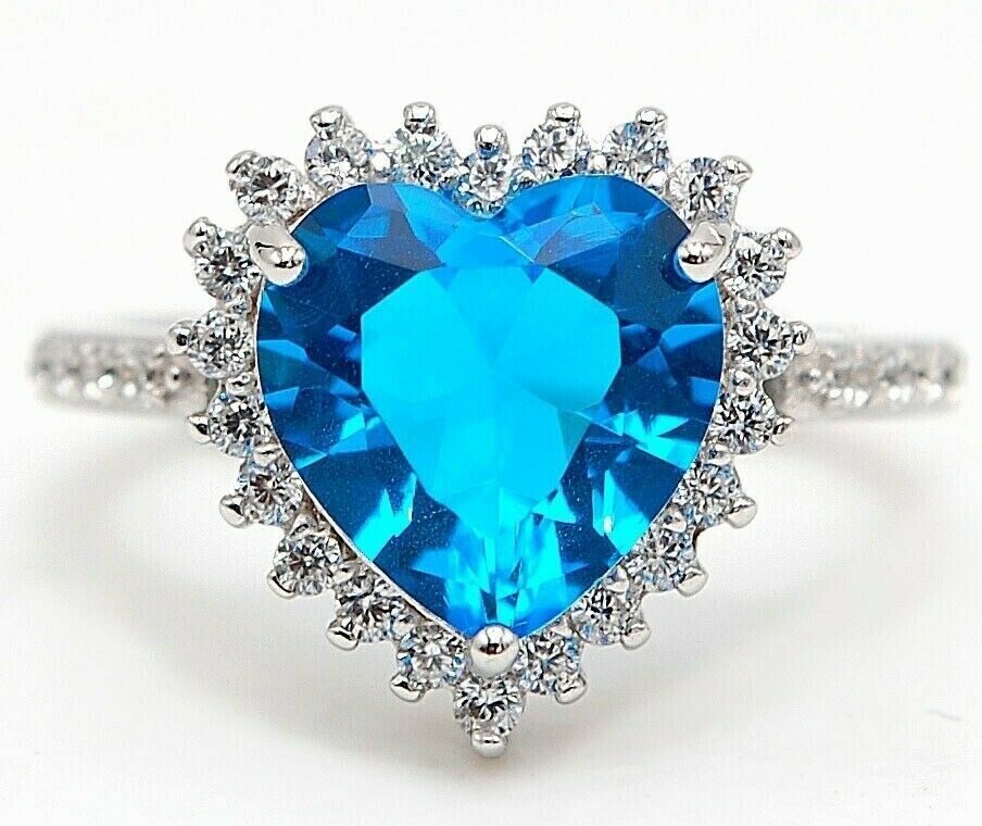 Heart 3ct Blue Topaz And Topaz 925 Solid Sterling Silver Ring Jewelry Sz