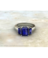 Natural Blue Sapphire Baguette Sterling Silver Three Stone Women Ring Je... - $68.00