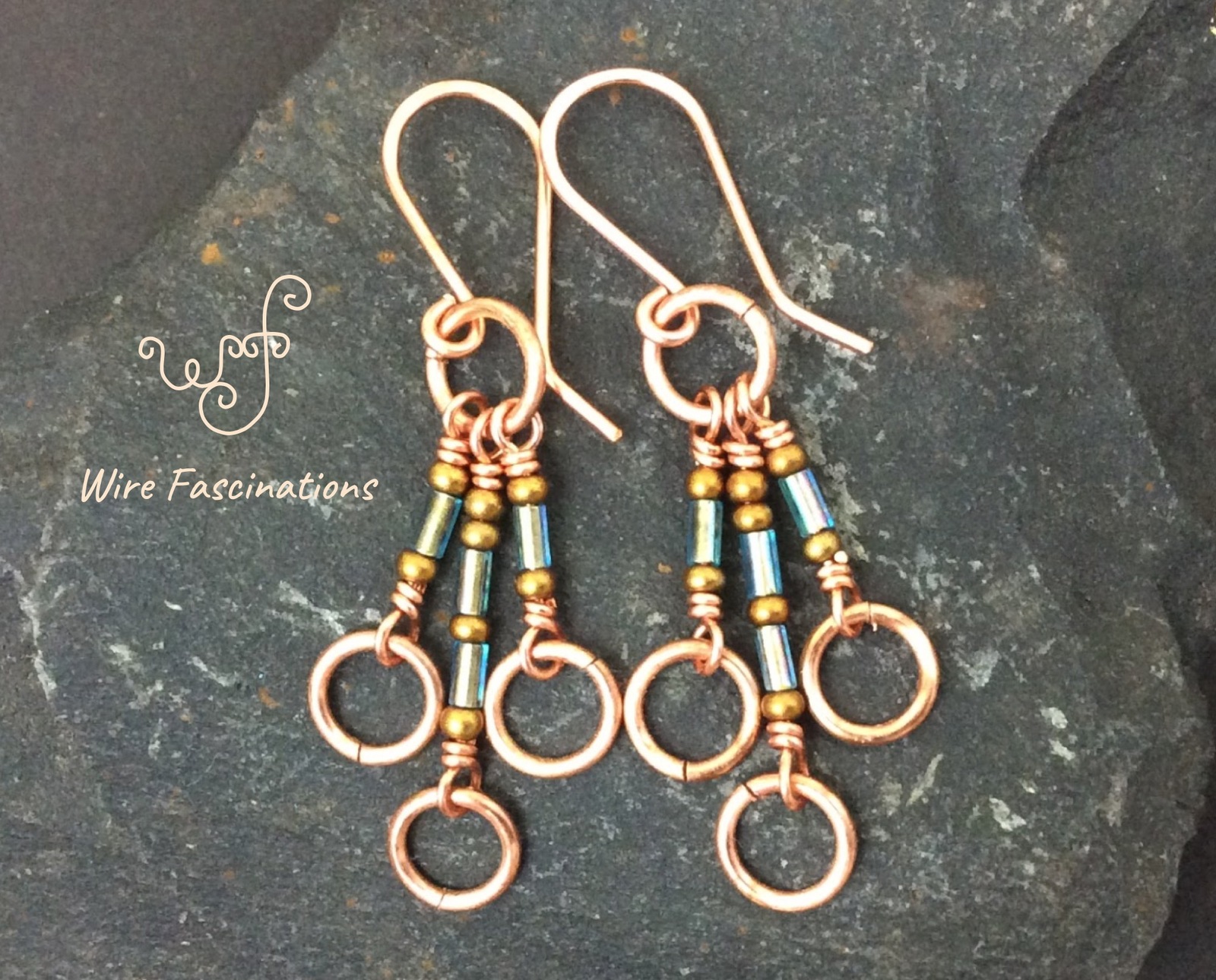 Handmade copper earrings: small circle dangles with aqua blue bugle ...