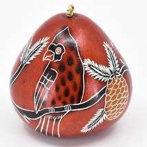 Handcrafted Carved Gourd Art Red Cardinal Pinecone Winter Ornament Made in Peru image 2