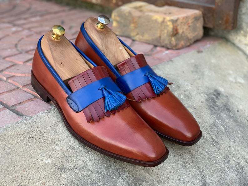 Handmade Men's Two Tone Leather Fringes Tassel Loafer Shoes, Mens Party Loafers