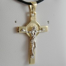 18K YELLOW WHITE GOLD CROSS WITH JESUS & ST SAINT BENEDICT MEDAL MADE IN ITALY image 1
