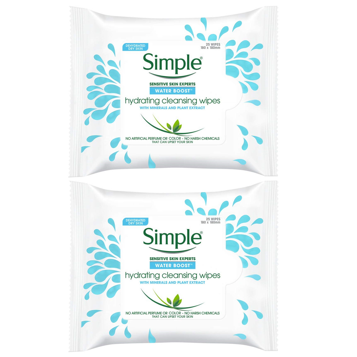 Pack of (2) New Simple Water Boost Hydrating, Cleansing Face Wipes, 25 Ounce