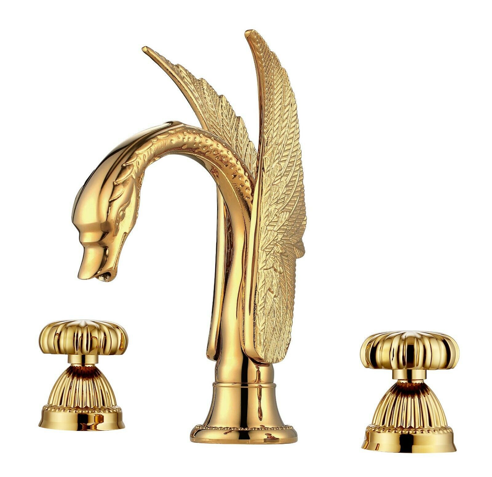 Gold 8" widespread lavatory swan sink faucet ring handle deck mounted