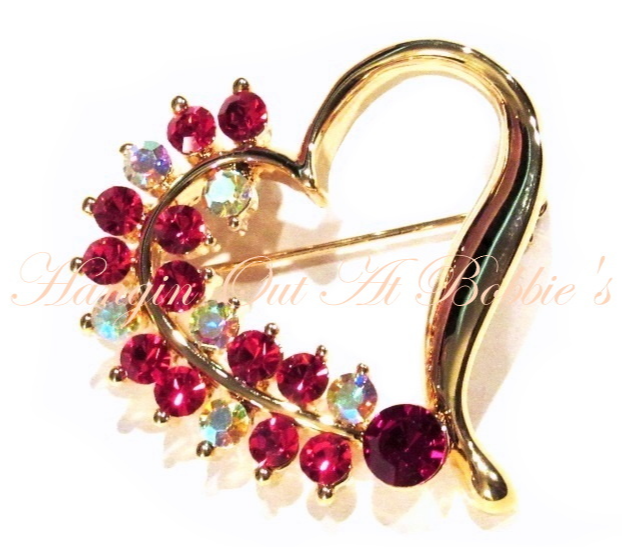 Primary image for Heart Pin Brooch Crystal Red Aurora Borealis Gold Tone Metal Valentine's Day