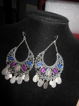 Vintage Large Silver Tone with Jewel's  Dangle Earrings - $9.46