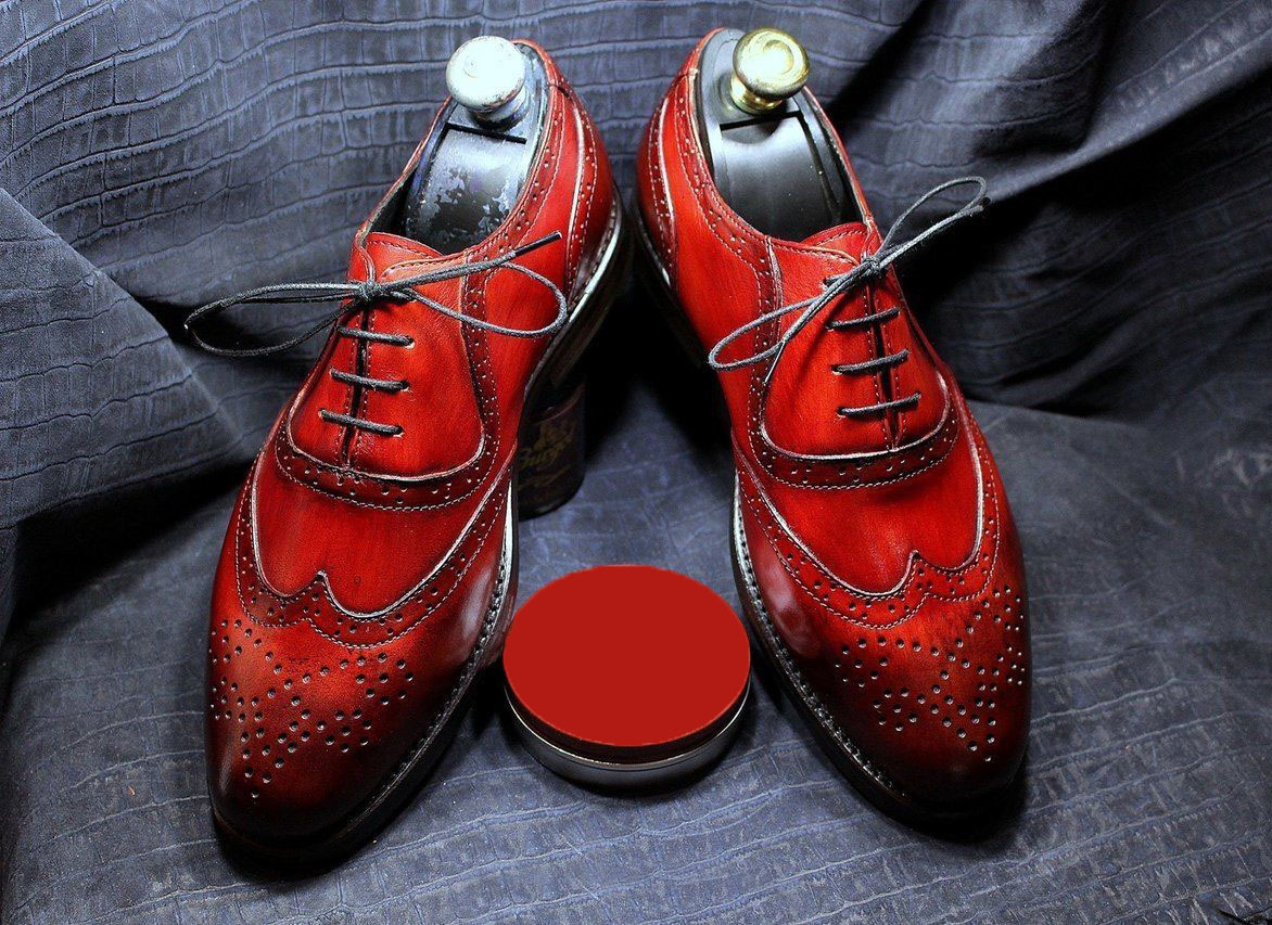 New Men Red Burnished Brogue Toe Wing Tip Oxford Lace up Real Leather Shoes