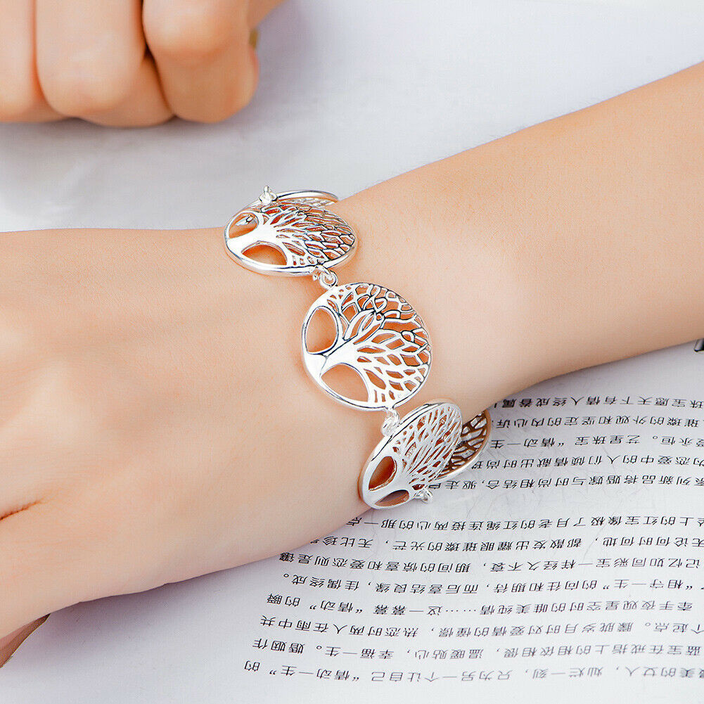 Tree-of-Life 16mm Charm Cuff Bangle Wristband Solid 925 Sterling Silver Bracelet