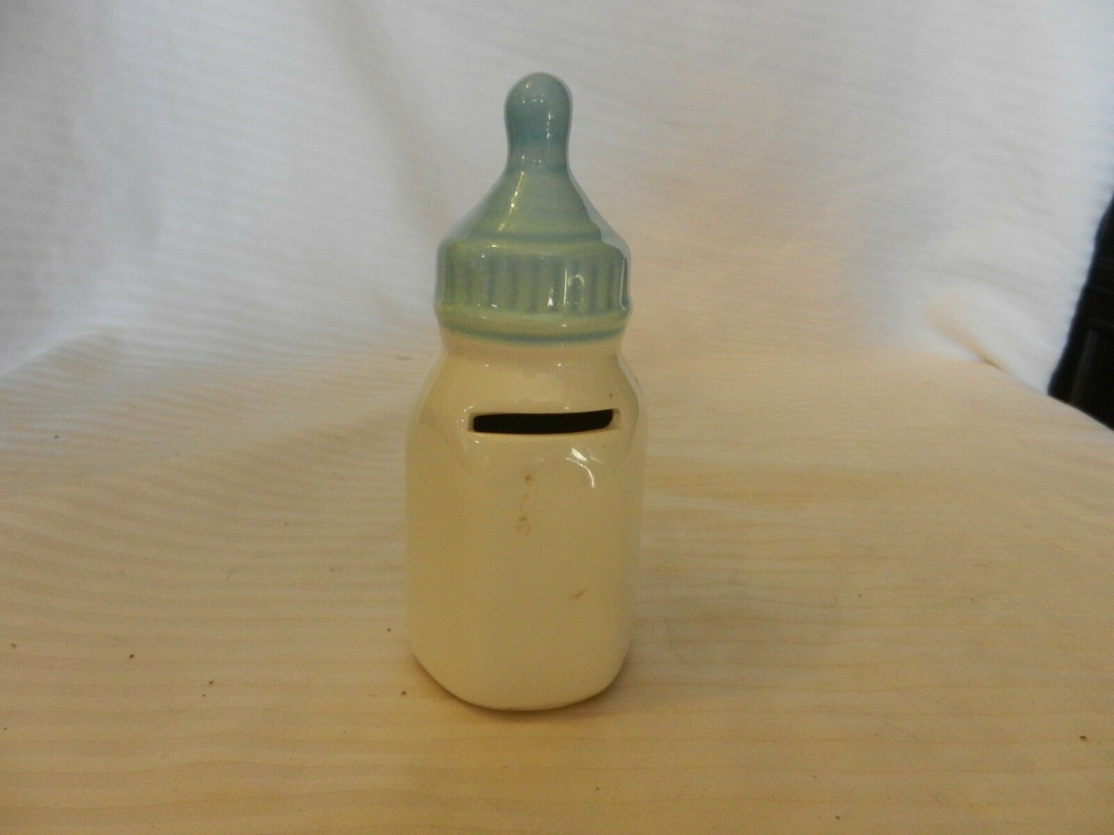 Blue & White Ceramic Baby Bottle Piggy Bank from Taiwan 5.5" Tall
