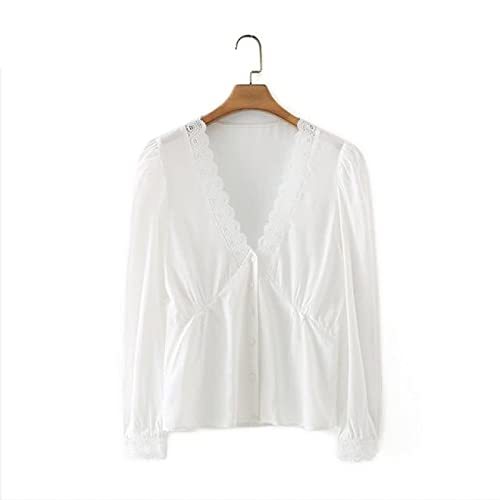 Sexy Deep V Neck Lace Patchwork Smock Blouse Ladies Puff Sleeve Casual Slim Shir