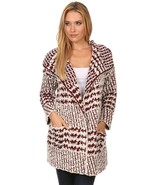 Women White/Burgundy Fuzzy Popcorn Knit Open Front Cardigan with Pockets - $69.99