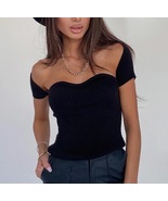 Black knitted short cap sleeve square neckline summer women tank top blouse - $32.00