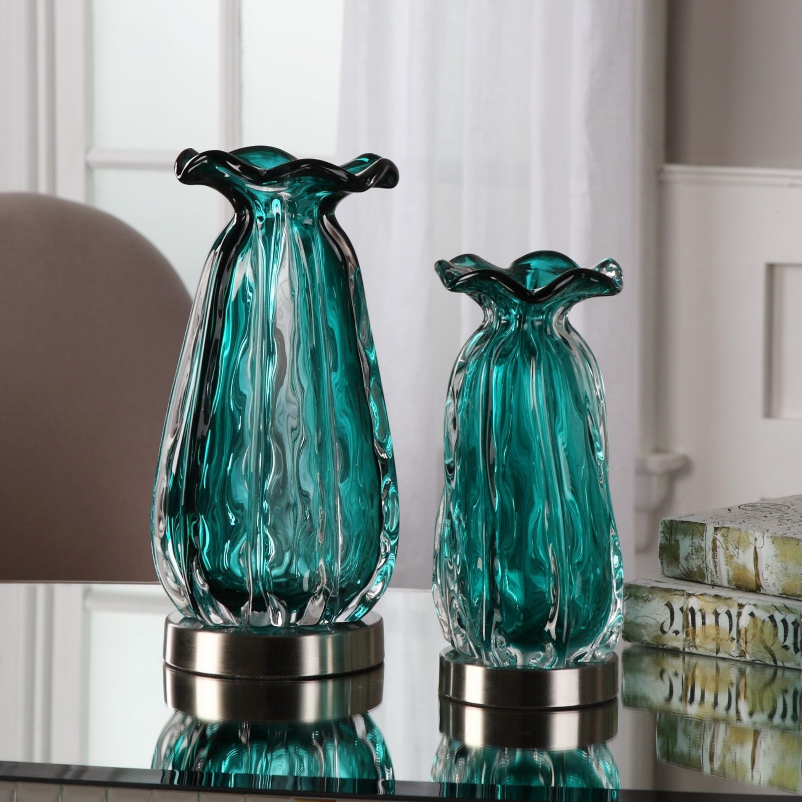 TWO NEW THICK TEAL GREEN GLASS DECORATIVE FLOWER ACCENT VASE BRUSHED   S L1600 