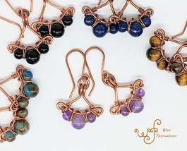 Handmade stone and copper earrings: criss cross copper wire wrapped fans - $31.00