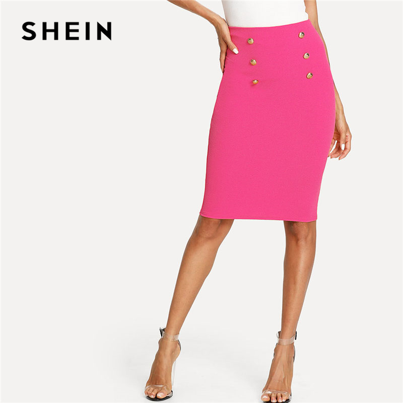 Bright Hot Pink Double Button Pencil Skirt Women Knee Length Plain ...