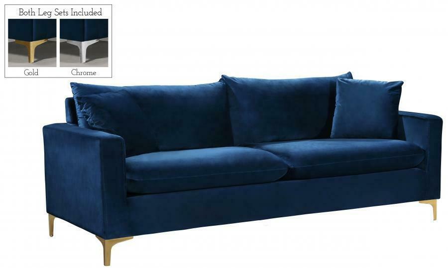 Navy Velvet Gold & Chrome Legs Sofa Modern Meridian Furniture 633 Naomi