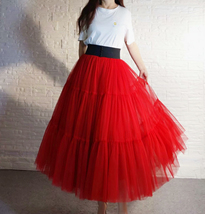 Red Tiered Tulle Skirt Full Long Red Party Skirt High Waisted Elegant Plus Size image 1