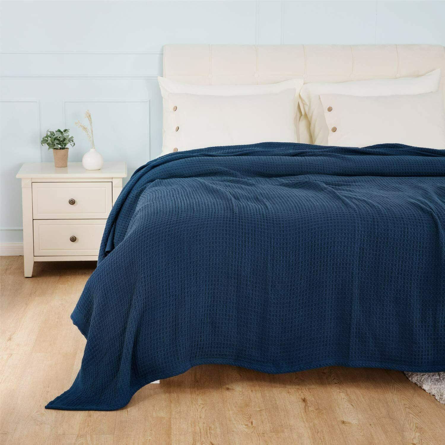 Queen Waffle Blanket Woven Navy Blue 90" x 90" Home Decor Soft Cotton