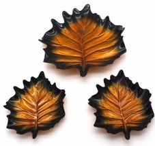 Set 3 Leaf Shaped Metallic Gold Bronze Serving Plates Platters Fired Gla... - $49.49