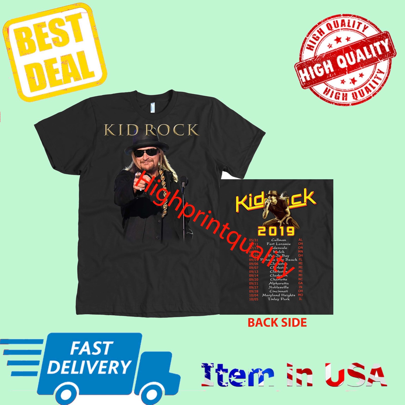New Shirt Kid Rock Tour 2019 TShirt Men's Black Official Size S3XL