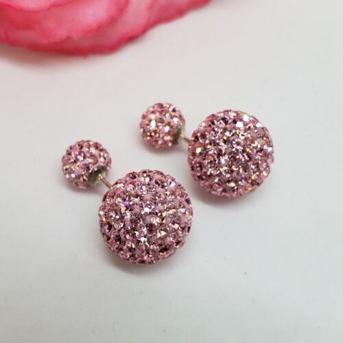 925 Sterling Silver Double Sided Pink Crystal Rhinestone Ball Stud Earrings - $16.95