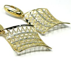 18K YELLOW WHITE GOLD PENDANT EARRINGS ONDULATE WORKED SQUARE, SHINY, STRIPED image 3