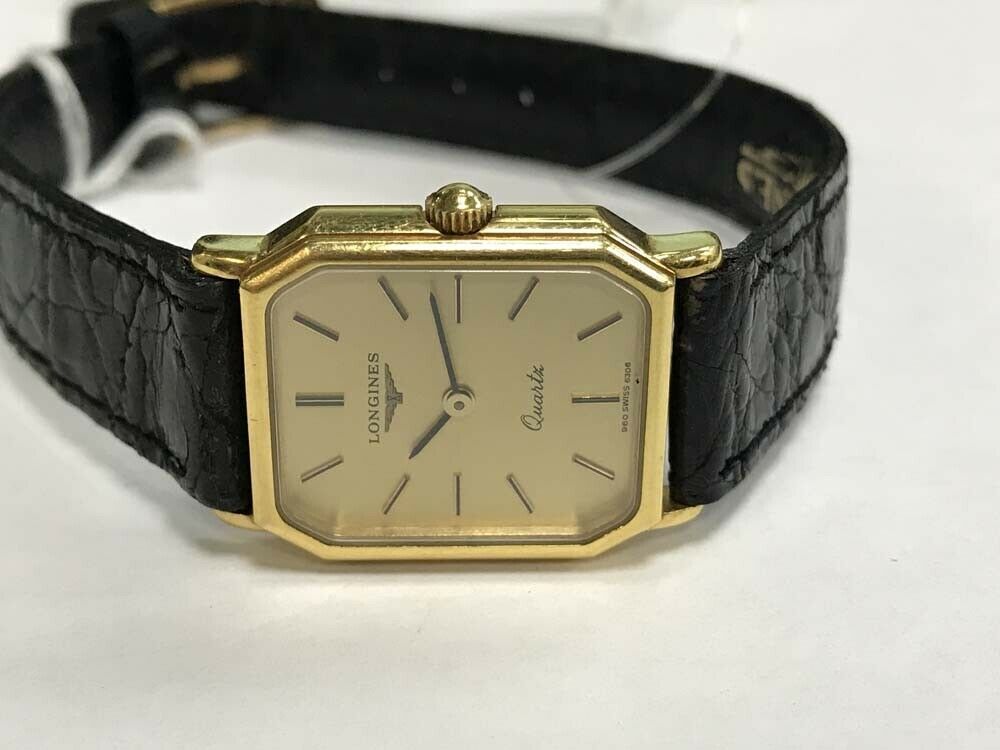 Longines 20mm Rectangle Gold Dial 18K Yellow Gold Leather Quartz Ladies ...