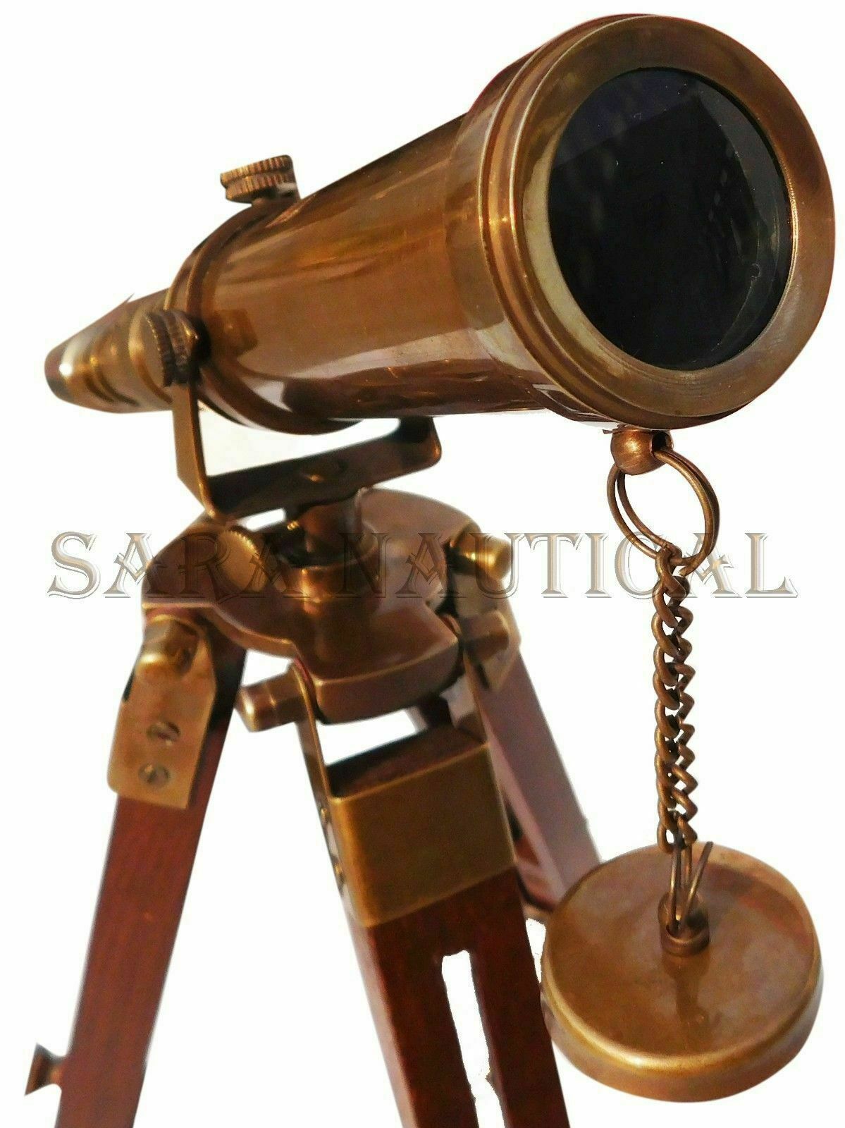Antique Brass Telescope With Wooden Tripod Stand Collectible Desk Decor