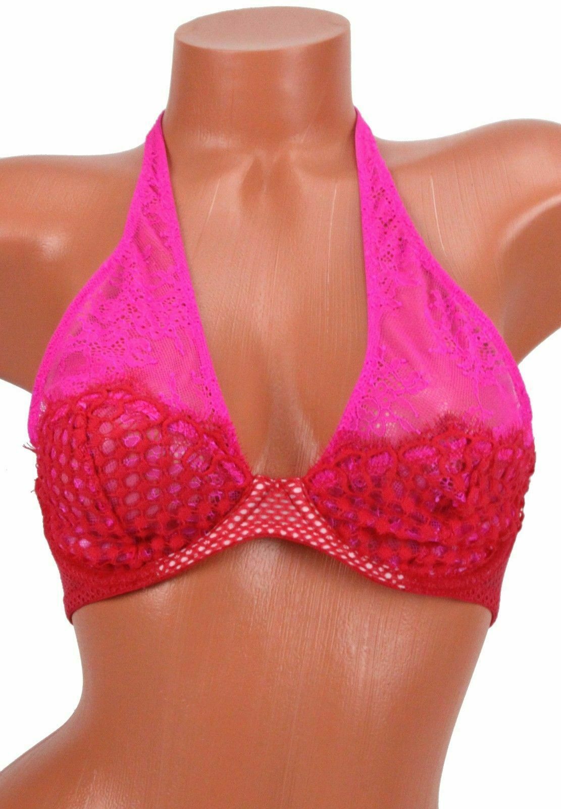 Victorias Secret Very Sexy Unlined Plunge Halter Bra Red Pink Lace 34c Nwt Bras And Bra Sets 4986