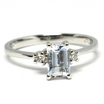 18K White Gold Band Ring Aquamarine 0.45 Emerald Cut & Diamonds, Made In Italy - $507.33