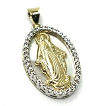 18K YELLOW WHITE GOLD MIRACULOUS MEDAL VIRGIN MARY MOTHER OF PEARL ZIRCONIA 21mm image 2
