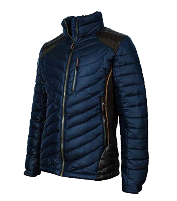 Mens Leather Jacket Blue Puffer Lining Chest Pocket Black Straps Jacket