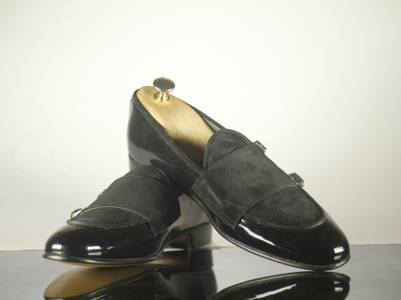 Handmade Men's Black Patent Leather Suede Double Buckle Shoes, Men Designer Shoe