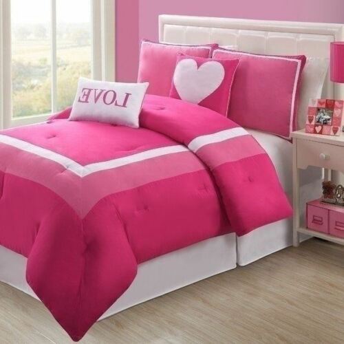 Girls Twin Full Bed Solid Pink White Love Heart Hotel 5 pc Comforter Set Bedding Comforters & Sets
