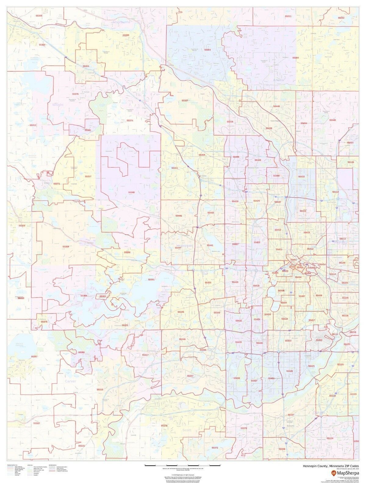 Hennepin County, Minnesota ZIP Codes Laminated Wall Map (MSH) US