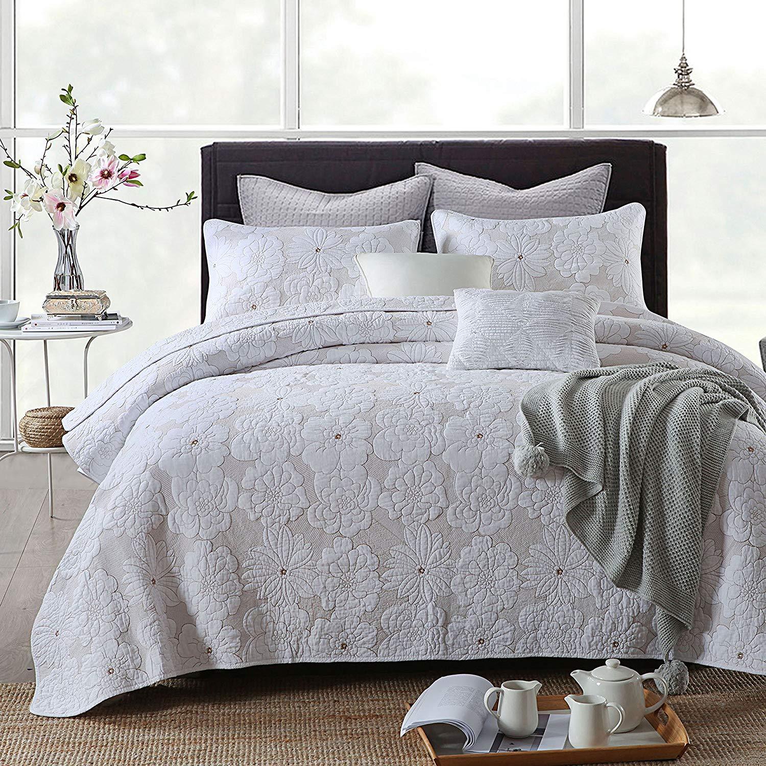 3Piece Comforter Set, Flower Embroidery Quilt Set, Bedspread Set, White Queen Comforters & Sets