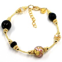 BRACELET PINK & YELLOW STRIPED MURANO GLASS SPHERE & GOLD LEAF, MADE IN ITALY image 1