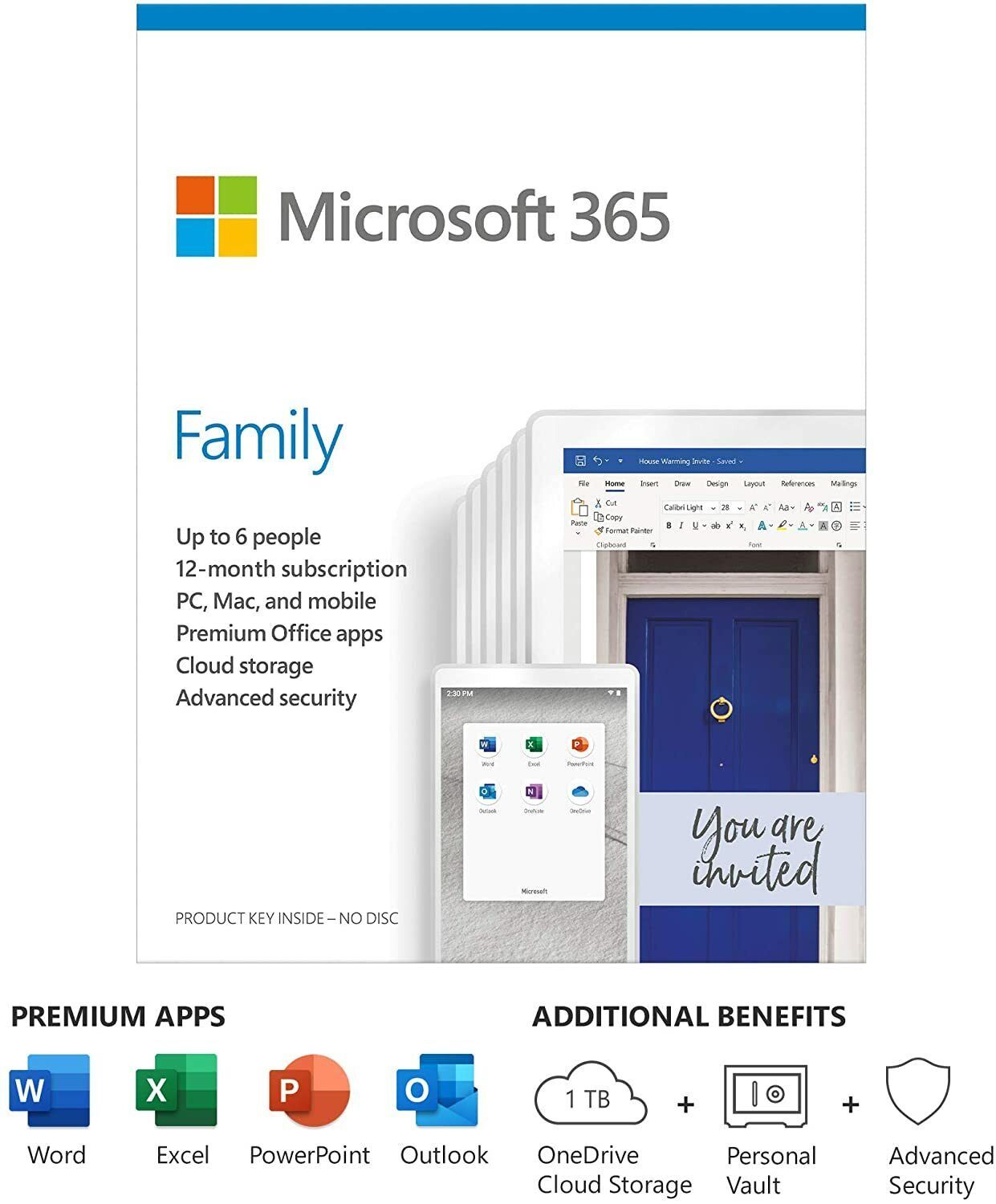 Microsoft 365 Family 1-Year Subscription For Up To 6 User PC Mac Mobile Keycard