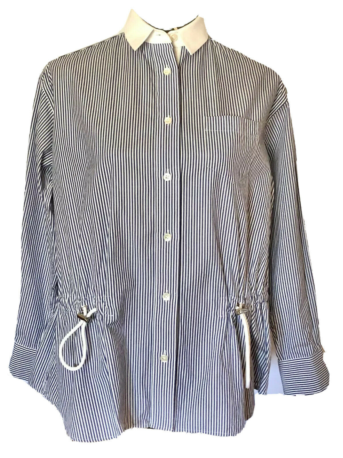 Sacai Luck Blue White Pin Stripe Long Sleeves Open Back Button Down Blouse  sz 1