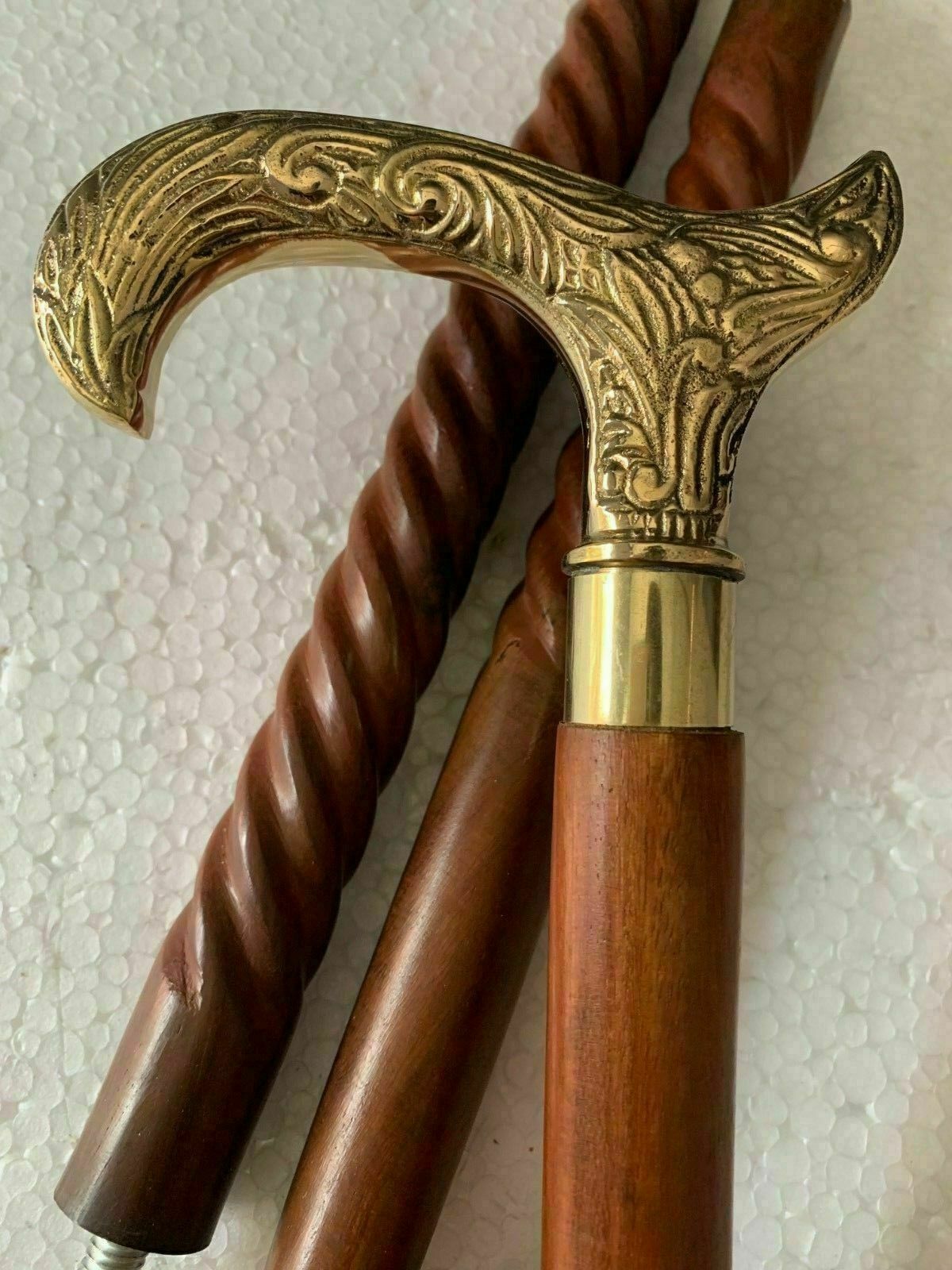 37/" Antique Brown Shaft Wooden Cane Victorian Style Brass Handle Walking Stick